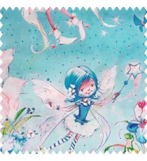 Blue pink green purple beige orange color fairy kids wings magic stick star beautiful large flower dancing little angels ferns blue color pure cotton base fabric water print main curtain