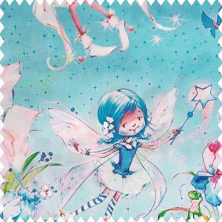 Blue pink green purple beige orange color fairy kids wings magic stick star beautiful large flower dancing little angels ferns blue color pure cotton base fabric water print main curtain