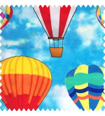 Pink red orange yellow green blue color air balloon patterns rope buckets flying oval shapes watercolor prints kids designs blue color base fabric pure cotton main curtain