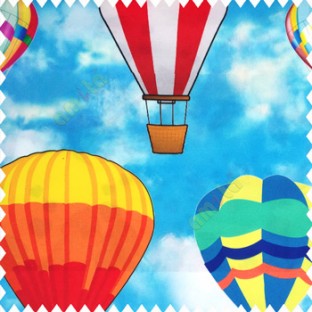 Pink red orange yellow green blue color air balloon patterns rope buckets flying oval shapes watercolor prints kids designs blue color base fabric pure cotton main curtain