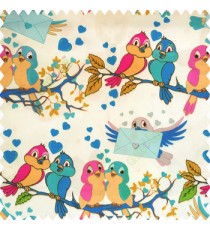 Pink blue green yellow orange color beautiful birds trees love heart messenger birds leaves wings branches envelope on white color base fabric pure cotton fabric main curtain