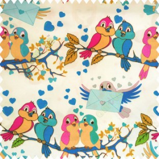 Pink blue green yellow orange color beautiful birds trees love heart messenger birds leaves wings branches envelope on white color base fabric pure cotton fabric main curtain