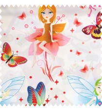 Red green blue yellow orange purple pink color beautiful kids pattern cute girl baby fairy with big wings hairs crown butterfly  polka dots big flower petals frills shoe designs pure cotton base fabric white color main curtain