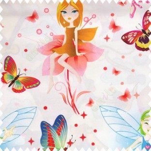 Red green blue yellow orange purple pink color beautiful kids pattern cute girl baby fairy with big wings hairs crown butterfly  polka dots big flower petals frills shoe designs pure cotton base fabric white color main curtain