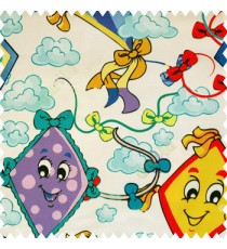 Yellow red black blue purple green orange color kids design watercolor print kites flowers clouds ropes smiley face big eyes tails paper works with white base cotton fabric main curtain