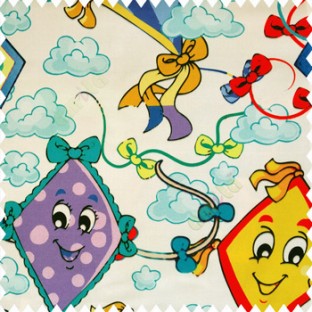 Yellow red black blue purple green orange color kids design watercolor print kites flowers clouds ropes smiley face big eyes tails paper works with white base cotton fabric main curtain