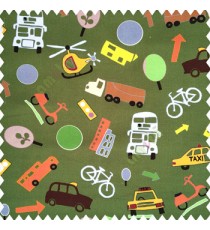 Brown yellow grey orange green purple white color full kids playing toys taxi balls helicopter cars scooter cycles ambulance traffic light patterns on green color base fabric pure main curtain