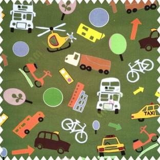 Brown yellow grey orange green purple white color full kids playing toys taxi balls helicopter cars scooter cycles ambulance traffic light patterns on green color base fabric pure main curtain