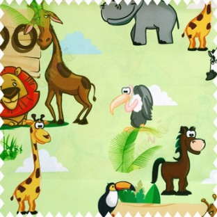 Green black brown grey white orange yellow blue beige color zebra kangaroo panda giraffe lions eagle zoo plants ferns clouds kids animal characters pure cotton main curtain