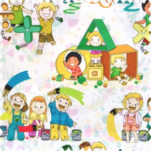 Green blue red yellow brown grey orange color kid characters drawing colorful pictures big color pencils pain buckets alphabets geometric shapes square ball kids dress watercolor print on white base fabric pure cotton main curtain