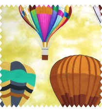 Brown blue grey black orange  color air balloon patterns rope buckets flying oval shapes watercolor prints kids designs yellow cream color base fabric pure cotton main curtain