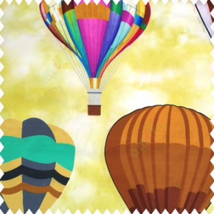 Brown blue grey black orange  color air balloon patterns rope buckets flying oval shapes watercolor prints kids designs yellow cream color base fabric pure cotton main curtain