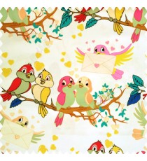 Red blue yellow orange pink brown green color beautiful birds trees love heart messenger birds leaves wings branches envelope on white color base fabric pure cotton fabric main curtain