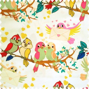 Red blue yellow orange pink brown green color beautiful birds trees love heart messenger birds leaves wings branches envelope on white color base fabric pure cotton fabric main curtain