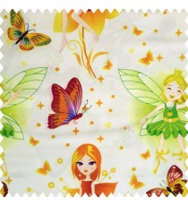 Green brown yellow orange purple black green color beautiful kids pattern cute girl baby fairy with big wings hairs crown butterfly  polka dots big flower petals frills shoe designs pure cotton base fabric white color main curtain