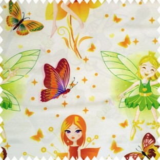 Green brown yellow orange purple black green color beautiful kids pattern cute girl baby fairy with big wings hairs crown butterfly  polka dots big flower petals frills shoe designs pure cotton base fabric white color main curtain