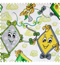 Green yellow black grey yellow color kids design watercolor print kites flowers clouds ropes smiley face big eyes tails paper works with white base cotton fabric main curtain