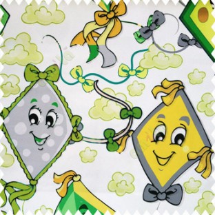 Green yellow black grey yellow color kids design watercolor print kites flowers clouds ropes smiley face big eyes tails paper works with white base cotton fabric main curtain