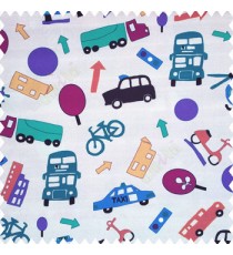 Purple brown black blue green orange color full kids playing toys taxi balls helicopter cars scooter cycles ambulance traffic light patterns on grey color base fabric pure main curtain