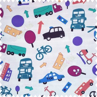 Purple brown black blue green orange color full kids playing toys taxi balls helicopter cars scooter cycles ambulance traffic light patterns on grey color base fabric pure main curtain