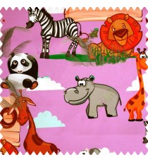 Orange blue black orange grey green brown color zebra kangaroo panda giraffe lions eagle zoo plants ferns clouds kids animal characters pure cotton purple base color main curtain