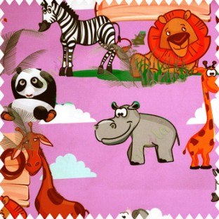 Orange blue black orange grey green brown color zebra kangaroo panda giraffe lions eagle zoo plants ferns clouds kids animal characters pure cotton purple base color main curtain