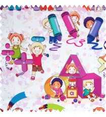 Purple blue brown orange green pink color kid characters drawing colorful pictures big color pencils pain buckets alphabets geometric shapes square ball kids dress watercolor print on white base fabric pure cotton main curtain