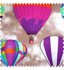 Purple black grey pink red green color air balloon patterns rope buckets flying oval shapes watercolor prints kids designs light brown cream color base fabric pure cotton main curtain