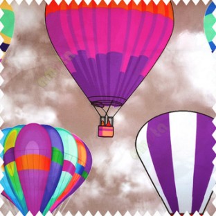 Purple black grey pink red green color air balloon patterns rope buckets flying oval shapes watercolor prints kids designs light brown cream color base fabric pure cotton main curtain