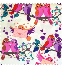 Purple pink blue orange grey brown red color beautiful birds trees love heart messenger birds leaves wings branches envelope on white color base fabric pure cotton fabric main curtain