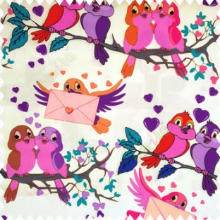 Purple pink blue orange grey brown red color beautiful birds trees love heart messenger birds leaves wings branches envelope on white color base fabric pure cotton fabric main curtain