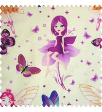 Pink purple green pink black orange green color beautiful kids pattern cute girl baby fairy with big wings hairs crown butterfly  polka dots big flower petals frills shoe designs pure cotton base fabric white color main curtain