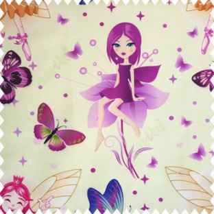 Pink purple green pink black orange green color beautiful kids pattern cute girl baby fairy with big wings hairs crown butterfly  polka dots big flower petals frills shoe designs pure cotton base fabric white color main curtain