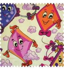 Purple yellow black pink orange color kids design watercolor print kites flowers clouds ropes smiley face big eyes tails paper works with white base cotton fabric main curtain