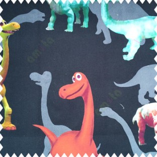 Beautiful kids animal designs in green orange grey blue pink color dinosaurs with pure cotton pure black base color fabric main curtain