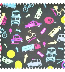 Maroon green blue grey yellow pink color full kids playing toys taxi balls helicopter cars scooter cycles ambulance traffic light patterns on black color base fabric pure main curtain