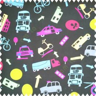 Maroon green blue grey yellow pink color full kids playing toys taxi balls helicopter cars scooter cycles ambulance traffic light patterns on black color base fabric pure main curtain