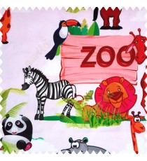 Red maroon pink green blue orange black white color zebra kangaroo panda giraffe lions eagle zoo plants ferns clouds kids animal characters pure cotton light pink base color main curtain