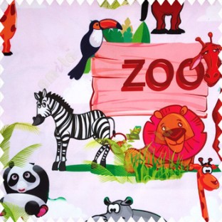 Red maroon pink green blue orange black white color zebra kangaroo panda giraffe lions eagle zoo plants ferns clouds kids animal characters pure cotton light pink base color main curtain