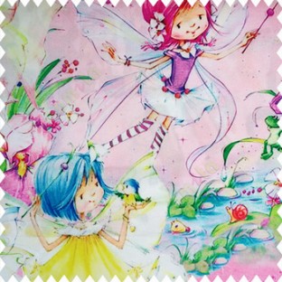 Red green white yellow pink blue orange color fairy kids wings magic stick star beautiful large flower dancing little angels ferns pink color pure cotton base fabric water print main curtain