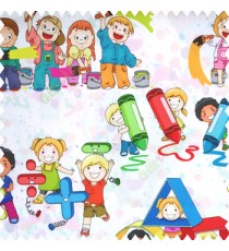 Blue purple orange black yellow red green color kid characters drawing colorful pictures big color pencils pain buckets alphabets geometric shapes square ball kids dress watercolor print on white base fabric pure cotton main curtain