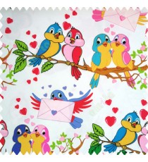 Red blue pink orange blue green color beautiful birds trees love heart messenger birds leaves wings branches envelope on white color base fabric pure cotton fabric main curtain
