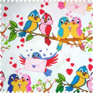 Red blue pink orange blue green color beautiful birds trees love heart messenger birds leaves wings branches envelope on white color base fabric pure cotton fabric main curtain