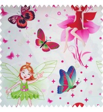 Green red pink orange pink purple color beautiful kids pattern cute girl baby fairy with big wings hairs crown butterfly  polka dots big flower petals frills shoe designs pure cotton base fabric white color main curtain