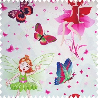 Green red pink orange pink purple color beautiful kids pattern cute girl baby fairy with big wings hairs crown butterfly  polka dots big flower petals frills shoe designs pure cotton base fabric white color main curtain