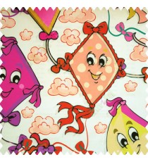 Pink purple orange black yellow beige color kids design watercolor print kites flowers clouds ropes smiley face big eyes tails paper works with white base cotton fabric main curtain