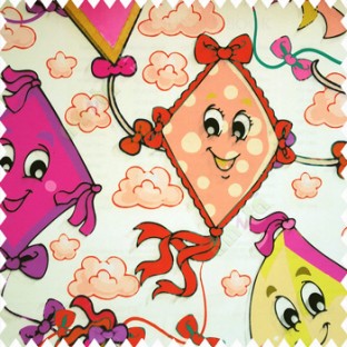 Pink purple orange black yellow beige color kids design watercolor print kites flowers clouds ropes smiley face big eyes tails paper works with white base cotton fabric main curtain