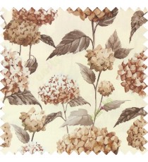 Brown beige grey color beautiful natural flower big size designs with leaf pattern on long stem watercolor print on pure cotton background curtain fabric