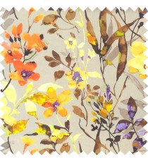 Orange grey brown purple yellow gold green color natural ferns flower beautiful leaf flower buds long twigs watercolor print on pure cotton background curtain fabric