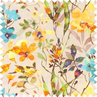 Blue orange green grey yellow gold color natural ferns flower beautiful leaf flower buds long twigs watercolor print on pure cotton background curtain fabric